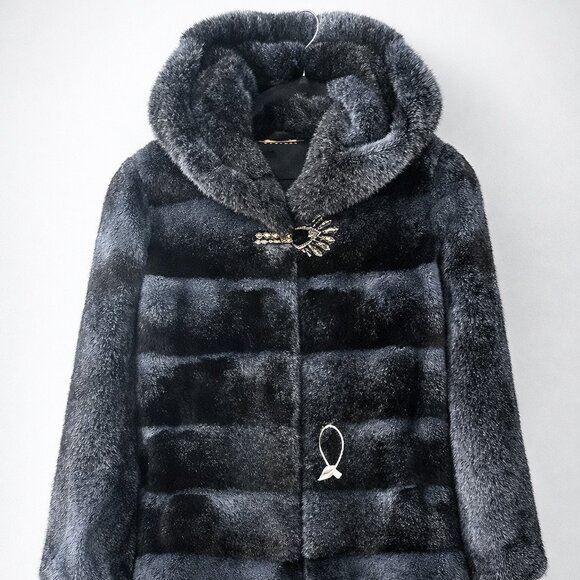 Jackets & Blazers - NEW Genuine Hooded Mink Fur Coat – Dark Blue-Black Luxury Elegance